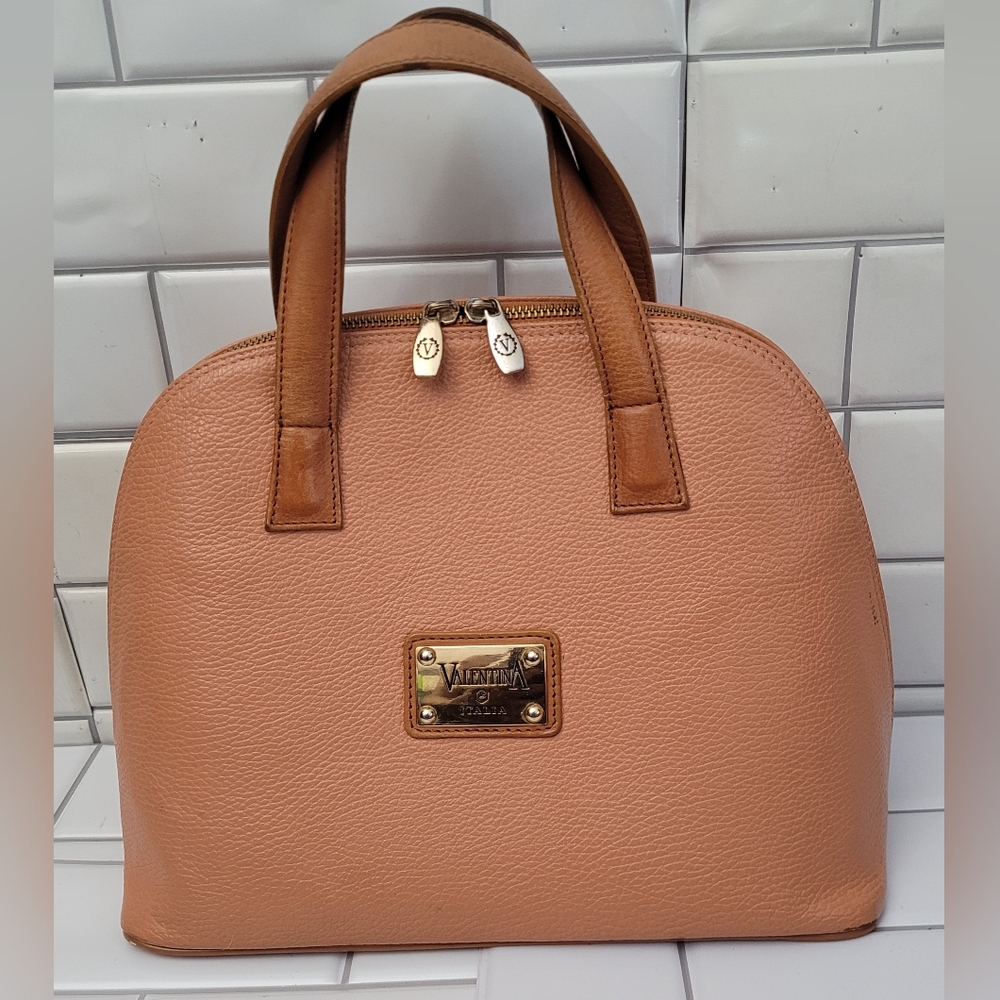 Valentina Italia Ladies Tan Pebble Leather Satchel Purse Medium Size Double Zip